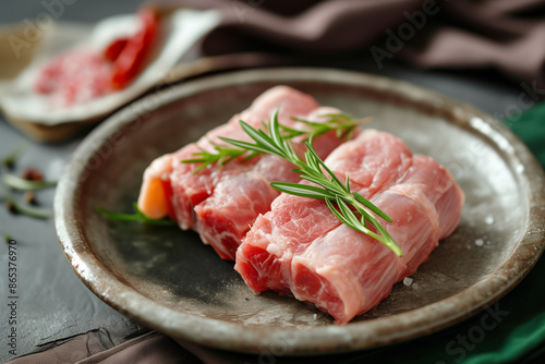 Raw Fresh Pork on Dish, healthy food, Advertising Photography, Generative AI