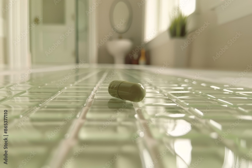 Close-up of a single capsule on reflective tiled floor in a modern bathroom. Close-up of a single capsule on reflective tiled floor in a modern bathroom.
