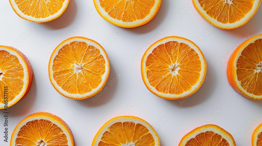 Close-up of orange slices laid out in a pattern on a clean white table, forming a bright and refreshing background Close-up of orange slices laid out in a pattern on a clean white table, forming a bright and refreshing background