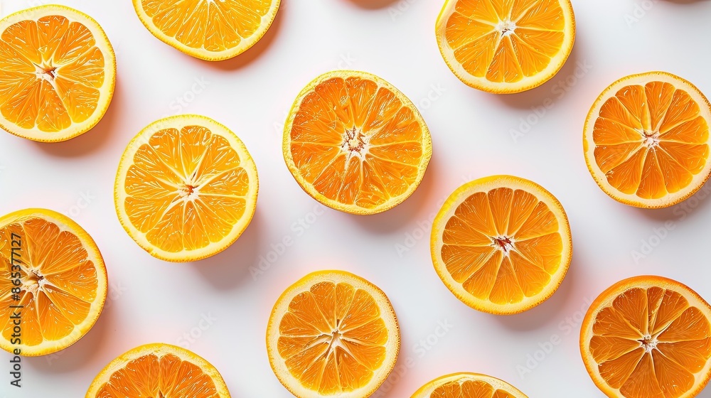 Close-up of orange slices laid out in a pattern on a clean white table, forming a bright and refreshing background Close-up of orange slices laid out in a pattern on a clean white table, forming a bright and refreshing background