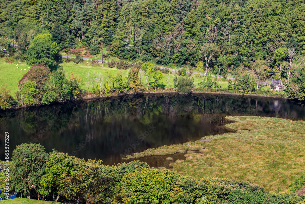 Fototapeta premium Reflections of the wooded riverbanks into the dark waters of the Rheidol River in Wales.