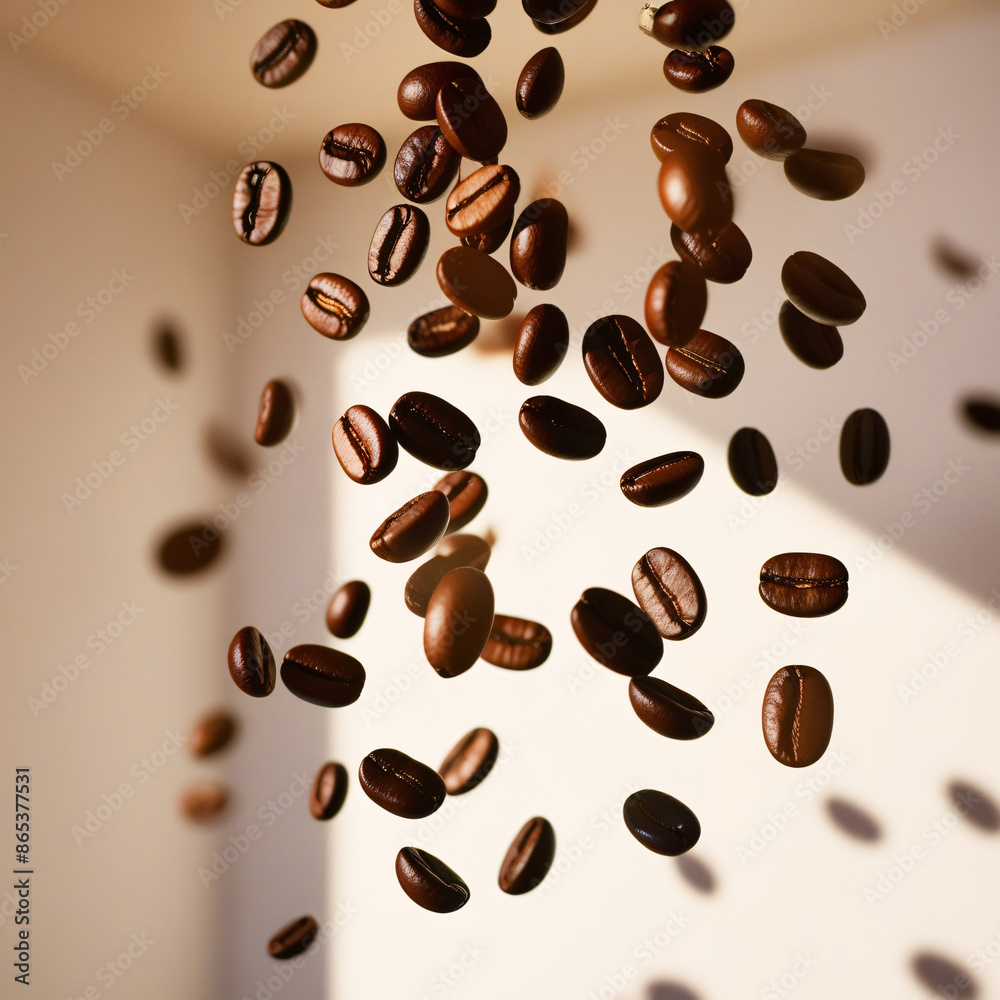 background of coffee beans flying in swirl of particles