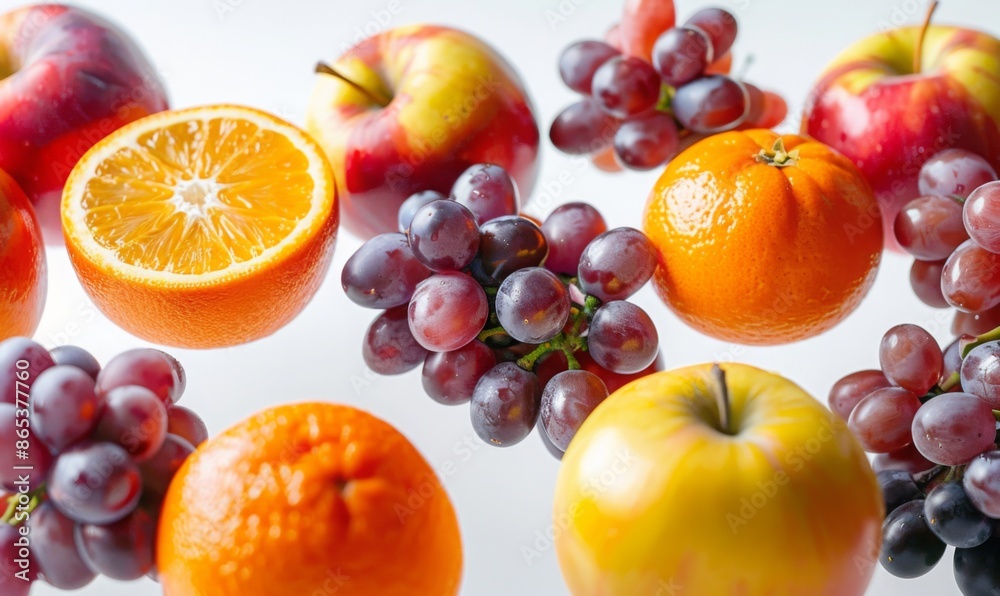 Fresh fruits such as apples, oranges, and grapes floating in mid-air with a white background Fresh fruits such as apples, oranges, and grapes floating in mid-air with a white background