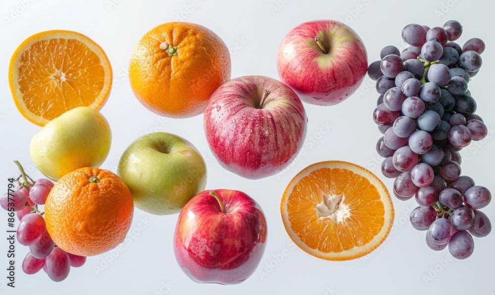 Fresh fruits such as apples, oranges, and grapes floating in mid-air with a white background Fresh fruits such as apples, oranges, and grapes floating in mid-air with a white background