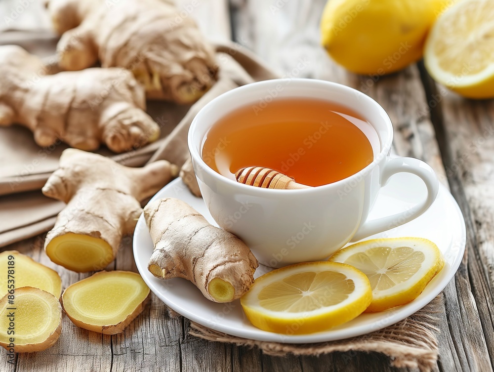 Cup of ginger tea with honey and lemon, Hot tea with lemon and ginger Cup of ginger tea with honey and lemon, Hot tea with lemon and ginger