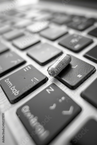 Close-up of a pill resting on a computer keyboard in monochrome tones, reflecting technology and healthcare integration. photo