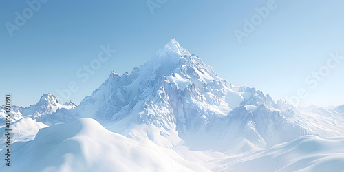 High-resolution image of a snowy mountain peak with a clear sky, creating an adventurous atmosphere, perfect for winter sports equipment or outdoor gear 