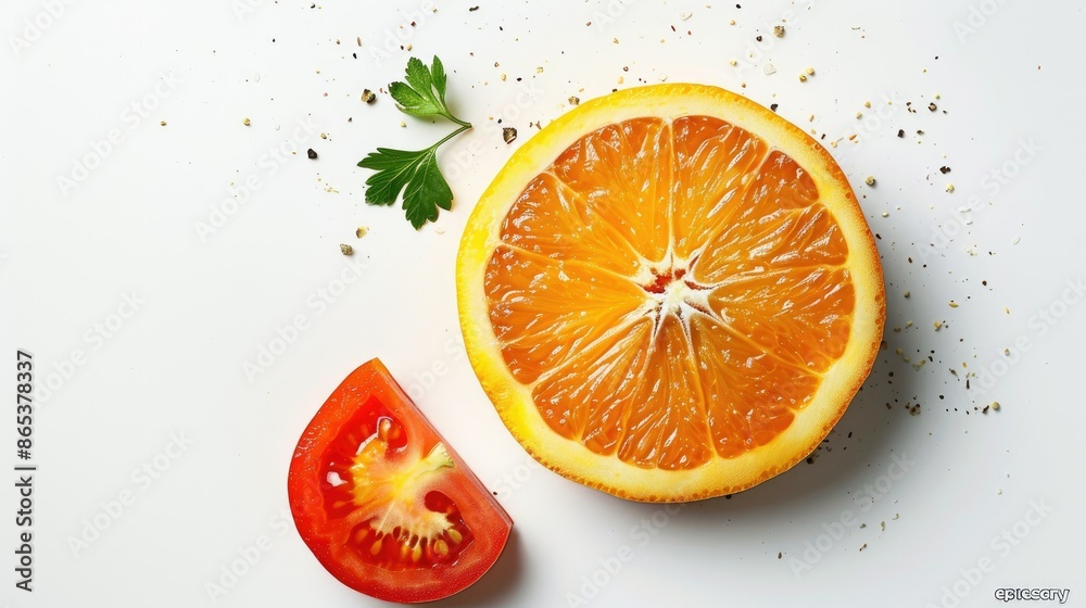 Fresh orange and a tomato slice in a simple composition, isolated on a white backdrop Fresh orange and a tomato slice in a simple composition, isolated on a white backdrop