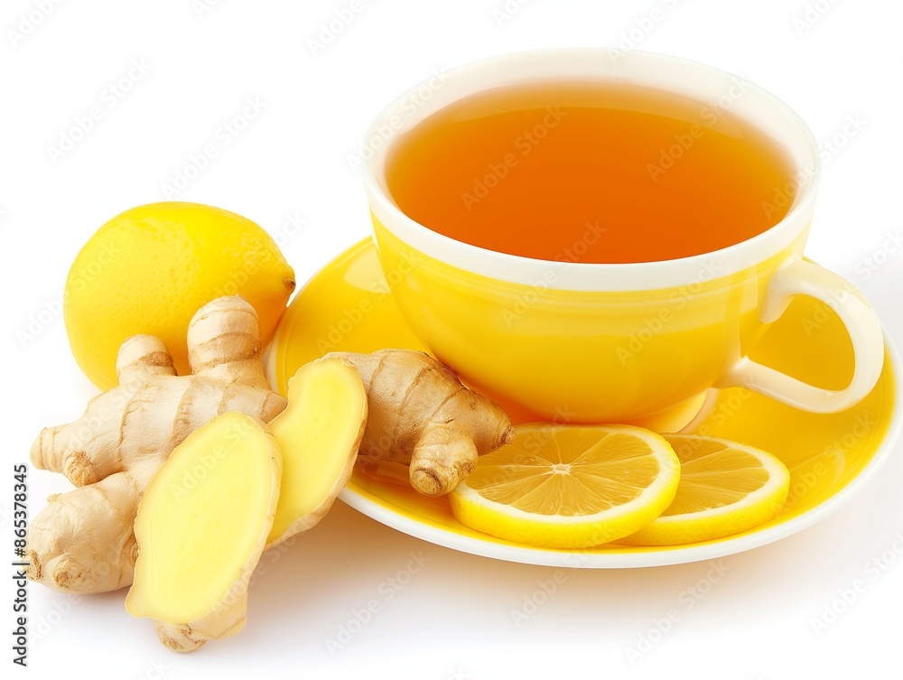 Cup of ginger tea with honey and lemon, Hot tea with lemon and ginger isolated on white background Cup of ginger tea with honey and lemon, Hot tea with lemon and ginger isolated on white background