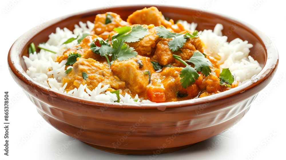 A bowl of flavorful Indian curry with basmati rice, garnished with fresh herbs, on an isolated white background, ideal for showcasing Indian cuisine in promotional content A bowl of flavorful Indian curry with basmati rice, garnished with fresh herbs, on an isolated white background, ideal for showcasing Indian cuisine in promotional content