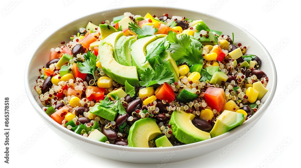 A bowl of flavorful Peruvian quinoa salad with avocado A bowl of flavorful Peruvian quinoa salad with avocado