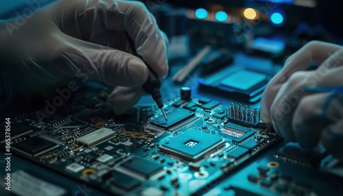 Close-up of a technician's hands wearing gloves, repairing a circuit board with precision tools under focused light in a lab environment.