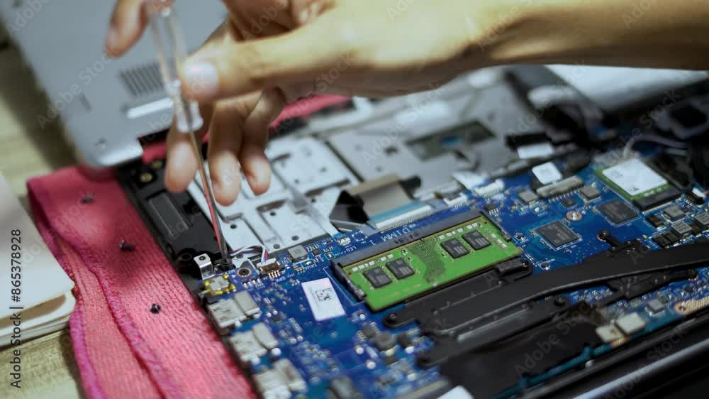 Clos-up hand of technician changes notebook computer battery manually at home, using a screwdriver and other equipment, DIY repair skills to extend the lifespan of electronic devices. Clos-up hand of technician changes notebook computer battery manually at home, using a screwdriver and other equipment, DIY repair skills to extend the lifespan of electronic devices.