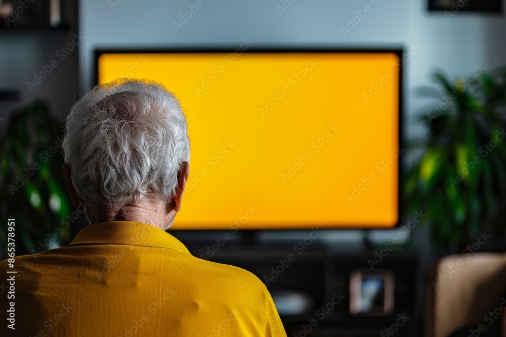 Application mockupover the shoulder shot of a senior man in front of an smart-tv with an entirely yellow screen Application mockupover the shoulder shot of a senior man in front of an smart-tv with an entirely yellow screen