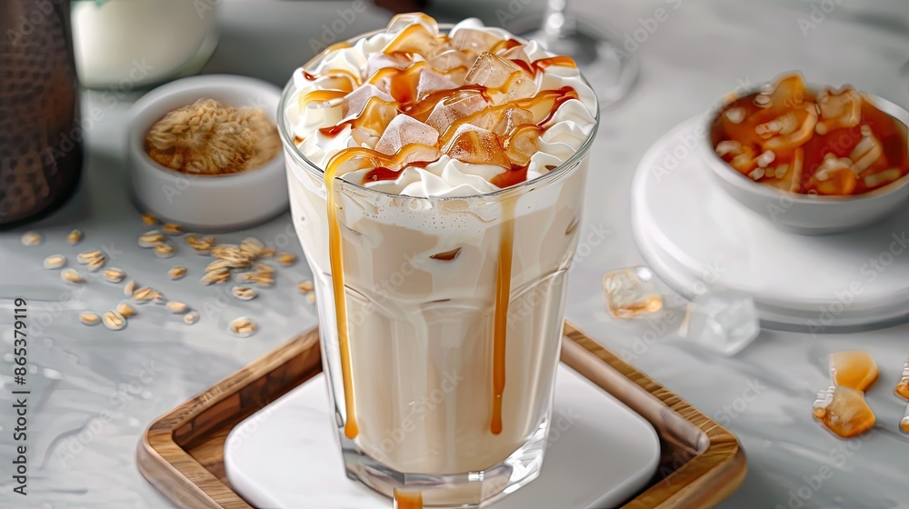 Frosty oatmilk latte with ice in a clear glass, topped with a drizzle of caramel Frosty oatmilk latte with ice in a clear glass, topped with a drizzle of caramel