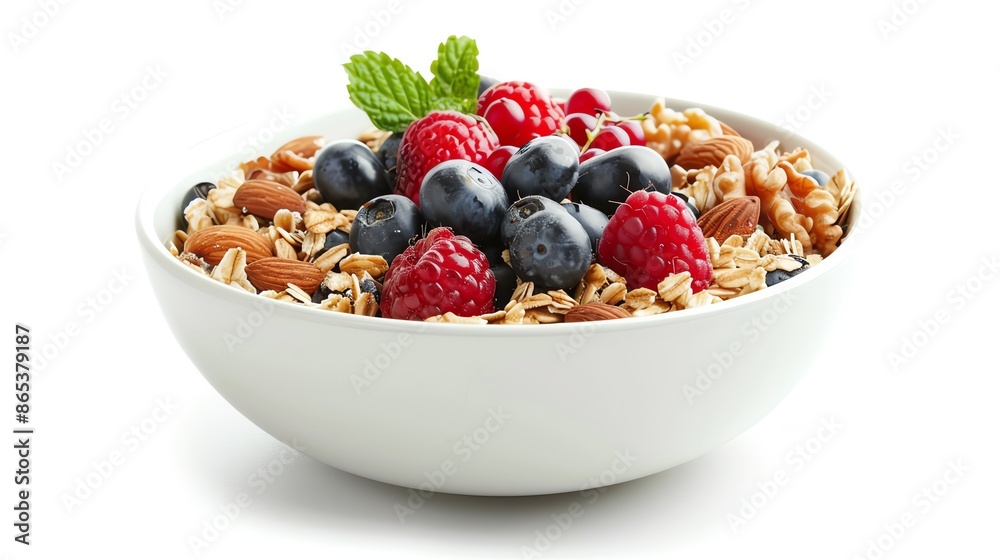 A bowl of overnight oats topped with berries, nuts, and honey, on an isolated white background, ideal for showcasing healthy breakfast options in food marketing materials A bowl of overnight oats topped with berries, nuts, and honey, on an isolated white background, ideal for showcasing healthy breakfast options in food marketing materials