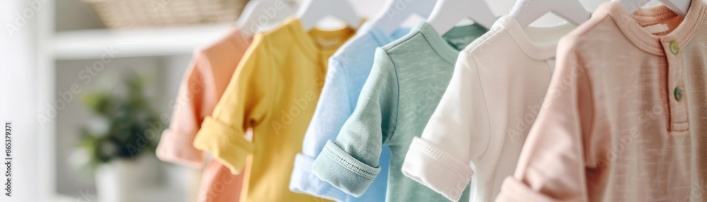 Baby bodysuits hanging on rack near white wall Baby bodysuits hanging on rack near white wall