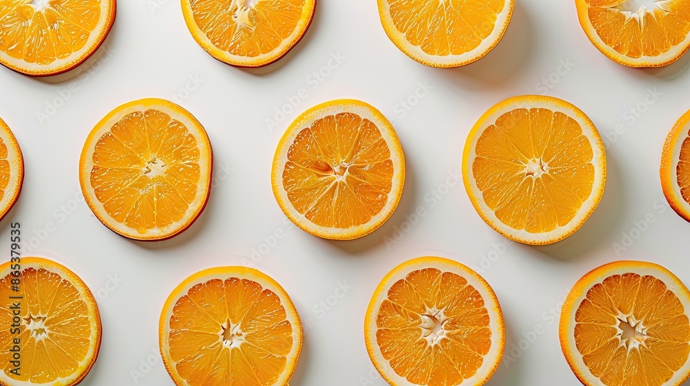 Orange slices arranged in a symmetrical pattern on a white table, forming a zesty food backdrop Orange slices arranged in a symmetrical pattern on a white table, forming a zesty food backdrop