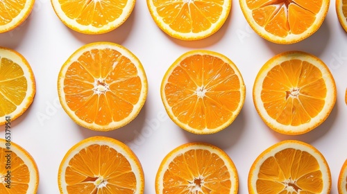 Orange slices arranged in a symmetrical pattern on a white table, forming a zesty food backdrop