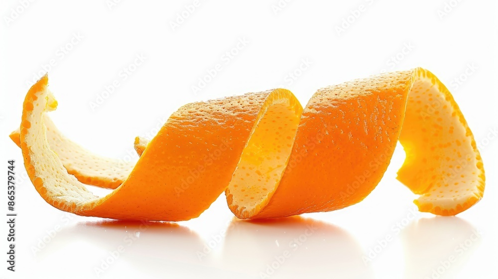Single fresh orange peel in a natural curl, isolated on white