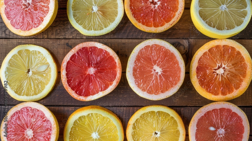 Top view of cut lemon and grapefruit slices in a symmetrical pattern on a wooden table, forming a bright citrus background Top view of cut lemon and grapefruit slices in a symmetrical pattern on a wooden table, forming a bright citrus background