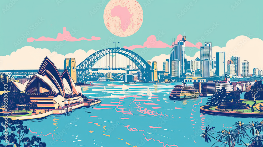 Fototapeta premium Risograph riso print travel poster, card, wallpaper or banner illustration, modern, isolated, clear and simple of Sydney, Australia. Artistic, screen printing, stencil digital duplication