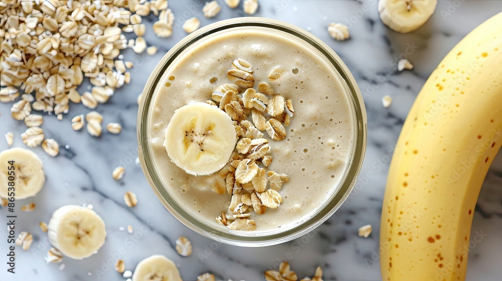 Wholesome banana oat smoothie in a glass jar, surrounded by rolled oats and fresh banana pieces Wholesome banana oat smoothie in a glass jar, surrounded by rolled oats and fresh banana pieces
