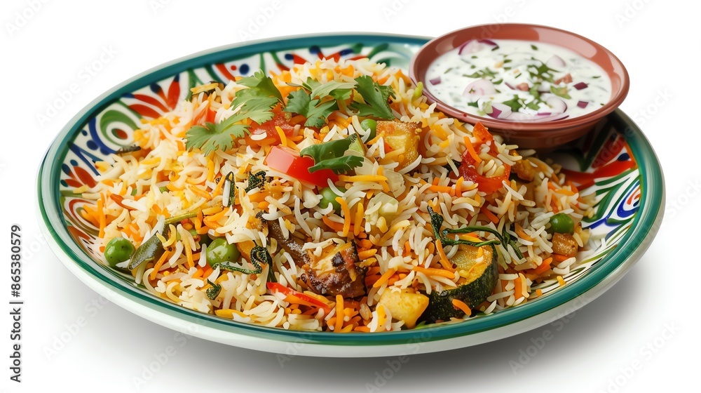 A colorful plate of vegetable biryani with a side of raita, displayed on an isolated white background, perfect for showcasing authentic Indian dishes in promotional content A colorful plate of vegetable biryani with a side of raita, displayed on an isolated white background, perfect for showcasing authentic Indian dishes in promotional content