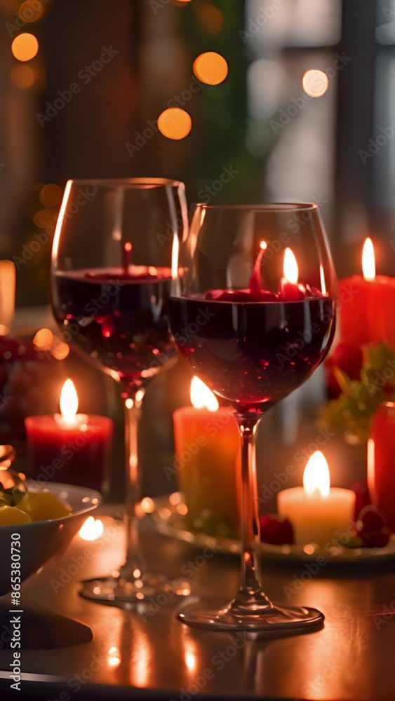 Romantic festive dinner with red wine glasses and burning candles for valentines day or 8 march celebration. Vertical. Romantic festive dinner with red wine glasses and burning candles for valentines day or 8 march celebration. Vertical.