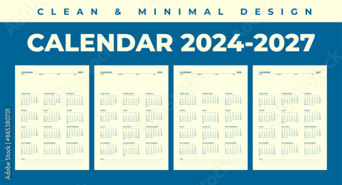 Simple calendar 2024, 2025, 2026, 2027 in clean and minimal design