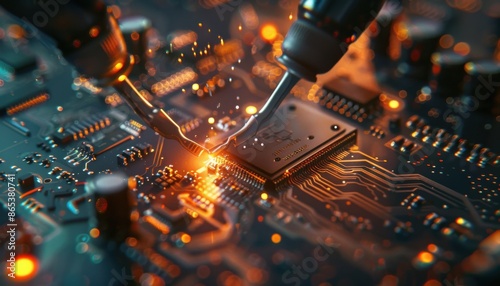 Close-up of electronic circuit board with soldering tools, highlighting microchips and components, showcasing technology and engineering.