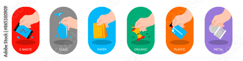 Waste sorting, garbage types set