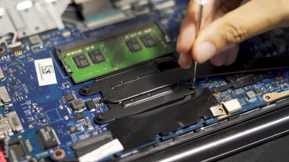 Clos-up hand of technician changes notebook computer battery manually at home, using a screwdriver and other equipment, DIY repair skills to extend the lifespan of electronic devices. Clos-up hand of technician changes notebook computer battery manually at home, using a screwdriver and other equipment, DIY repair skills to extend the lifespan of electronic devices.