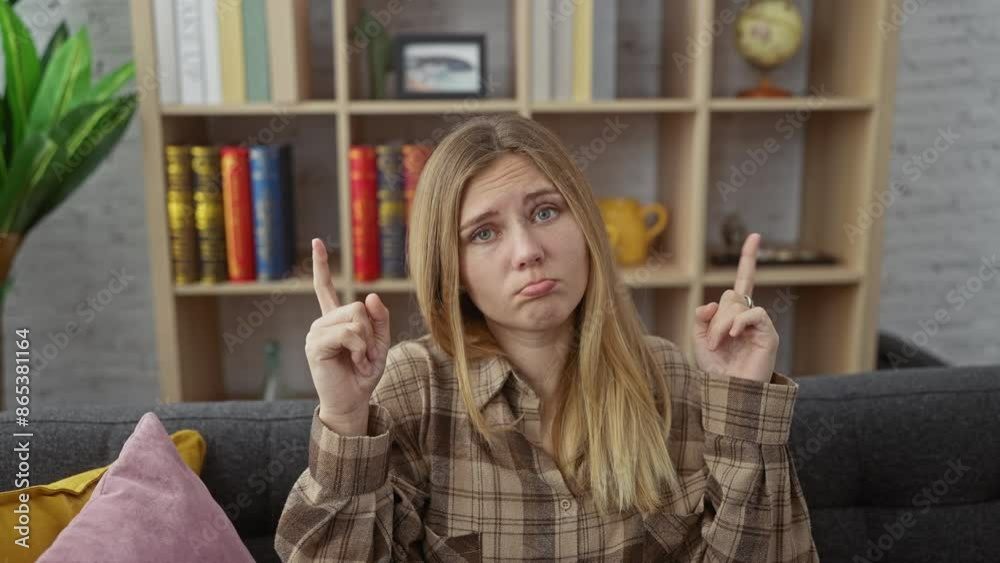In her living room, a young blonde woman, looking unhappy and depressed, sits on her sofa, her finger pointing upwards, indicating direction in her sad expression.