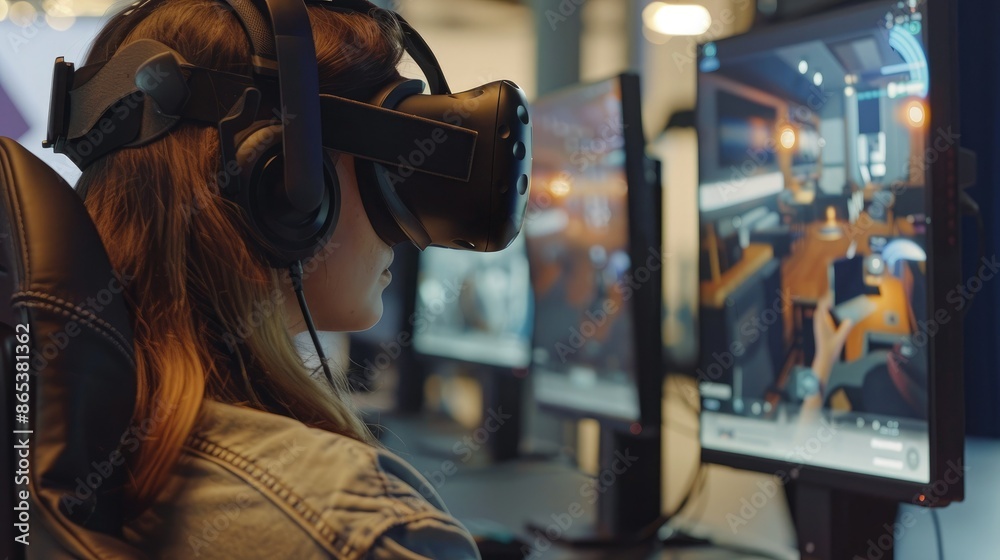 Woman Wearing Virtual Reality Headset, Immersed in Digital World. Woman Wearing Virtual Reality Headset, Immersed in Digital World.