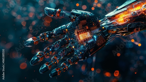Futuristic bionic arm with exposed circuitry and electronic components set against a minimalist,tech-inspired background with copy space for text or graphic overlays.
