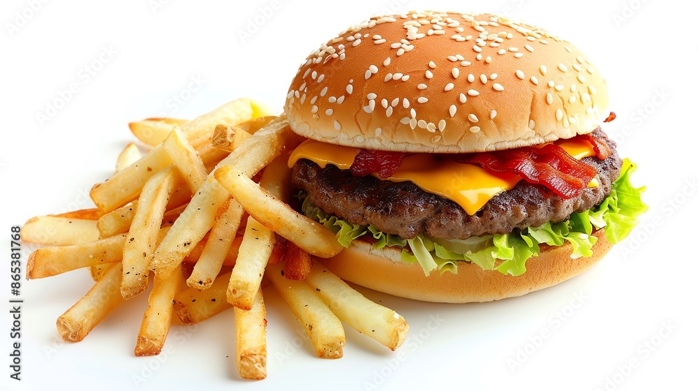 A delicious bacon cheeseburger with crispy fries, placed on a clean white background with ample copy space, perfect for fast food marketing and advertisements