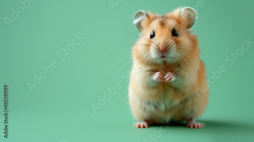 A small brown hamster standing on its hind legs, looking alert and curious, against a light green background, positioned on the right side with the left side empty photo