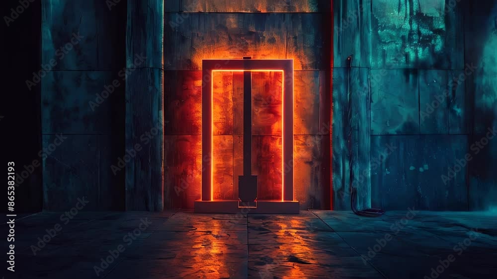 Glowing neon frame in dark industrial scene Glowing neon frame in dark industrial scene