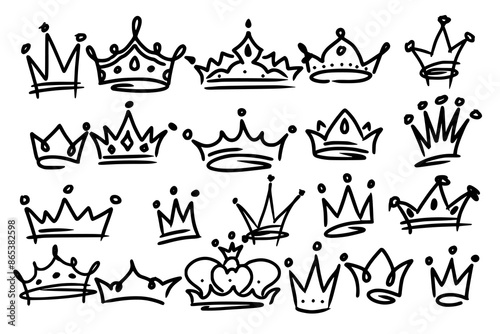Sketch crown. Simple graffiti crowning, elegant queen or king crowns hand drawn. Royal imperial coronation symbols, monarch majestic jewel tiara isolated icons vector illustration set