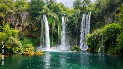 waterfall in dense green forest and beautiful views
