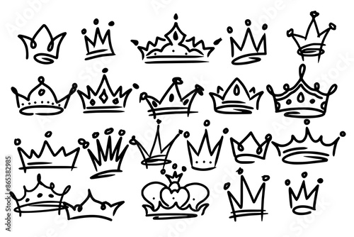 Sketch crown. Simple graffiti crowning, elegant queen or king crowns hand drawn. Royal imperial coronation symbols, monarch majestic jewel tiara isolated icons vector illustration set