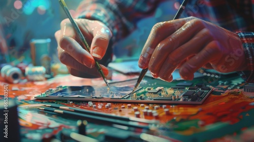 Close-up of hands working with electronic circuit board using tools. Focus on precision and technology in a workshop setting.