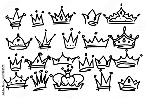 Sketch crown. Simple graffiti crowning, elegant queen or king crowns hand drawn. Royal imperial coronation symbols, monarch majestic jewel tiara isolated icons vector illustration set