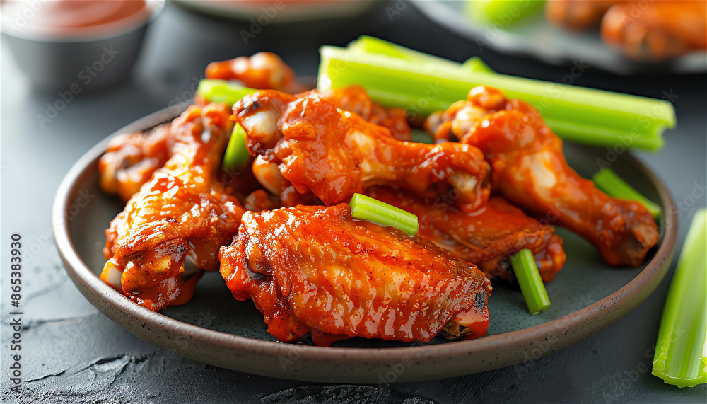 Platter of buffalo wings with celery sticks Platter of buffalo wings with celery sticks