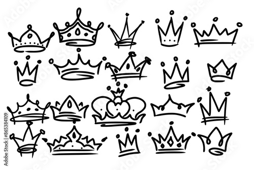 Sketch crown. Simple graffiti crowning, elegant queen or king crowns hand drawn. Royal imperial coronation symbols, monarch majestic jewel tiara isolated icons vector illustration set