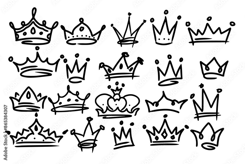 Fototapeta premium Sketch crown. Simple graffiti crowning, elegant queen or king crowns hand drawn. Royal imperial coronation symbols, monarch majestic jewel tiara isolated icons vector illustration set