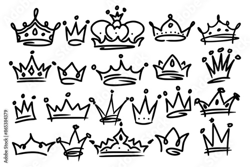 Sketch crown. Simple graffiti crowning, elegant queen or king crowns hand drawn. Royal imperial coronation symbols, monarch majestic jewel tiara isolated icons vector illustration set