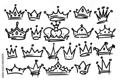 Sketch crown. Simple graffiti crowning, elegant queen or king crowns hand drawn. Royal imperial coronation symbols, monarch majestic jewel tiara isolated icons vector illustration set