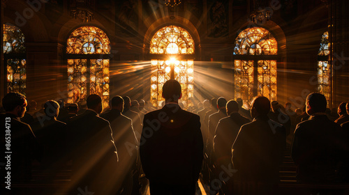 Silhouette of Jewish individuals praying in unity at the synagogue, capturing the spiritual essence and communal bond during religious ceremonies.